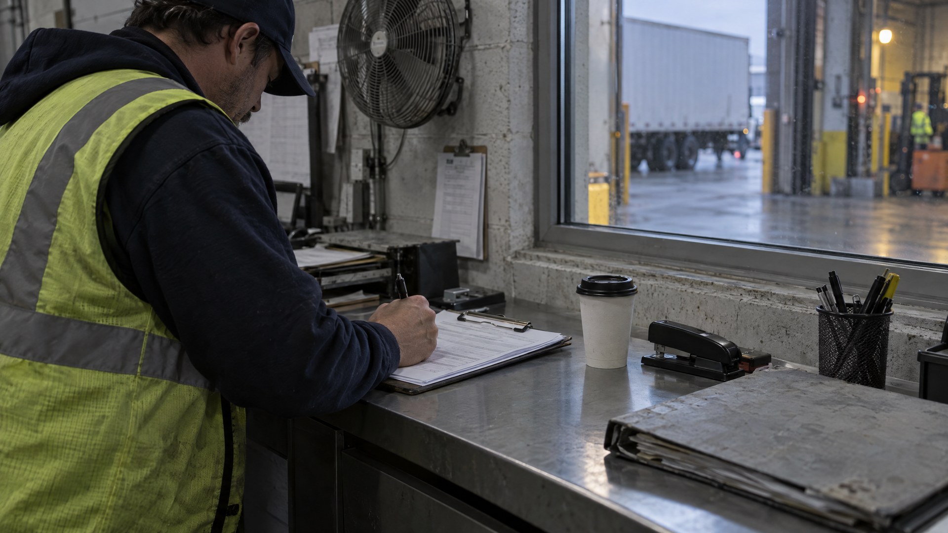 Illustrative worker at a dock counter signing a printed form on a clipboard.