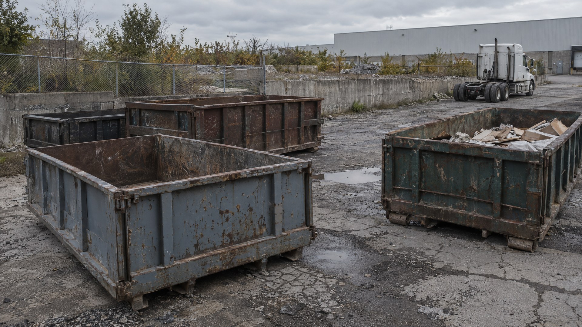 Illustrative industrial yard with steel roll-off containers and open-top dumpsters on cracked asphalt.