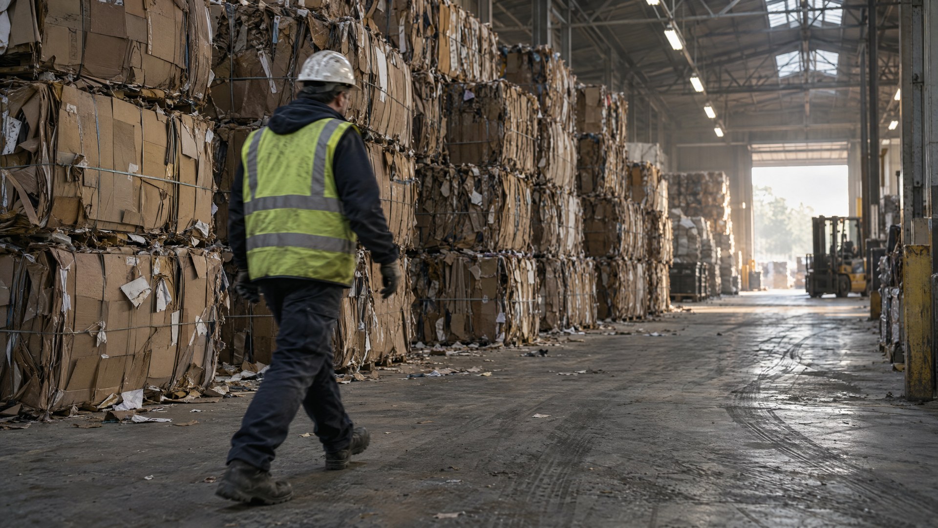 Illustrative worker walking past tall stacks of baled cardboard inside a warehouse.