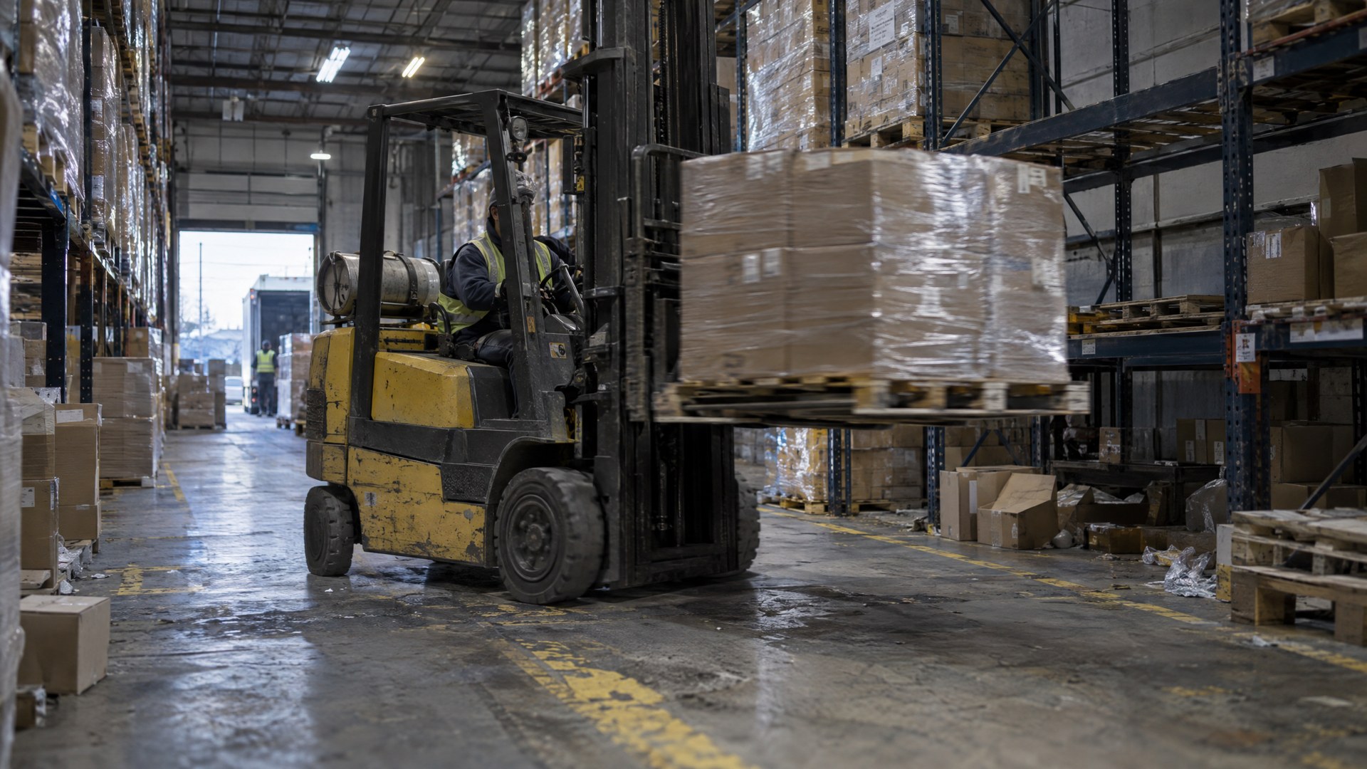 Illustrative forklift carrying a wrapped pallet down a warehouse aisle between pallet racking.