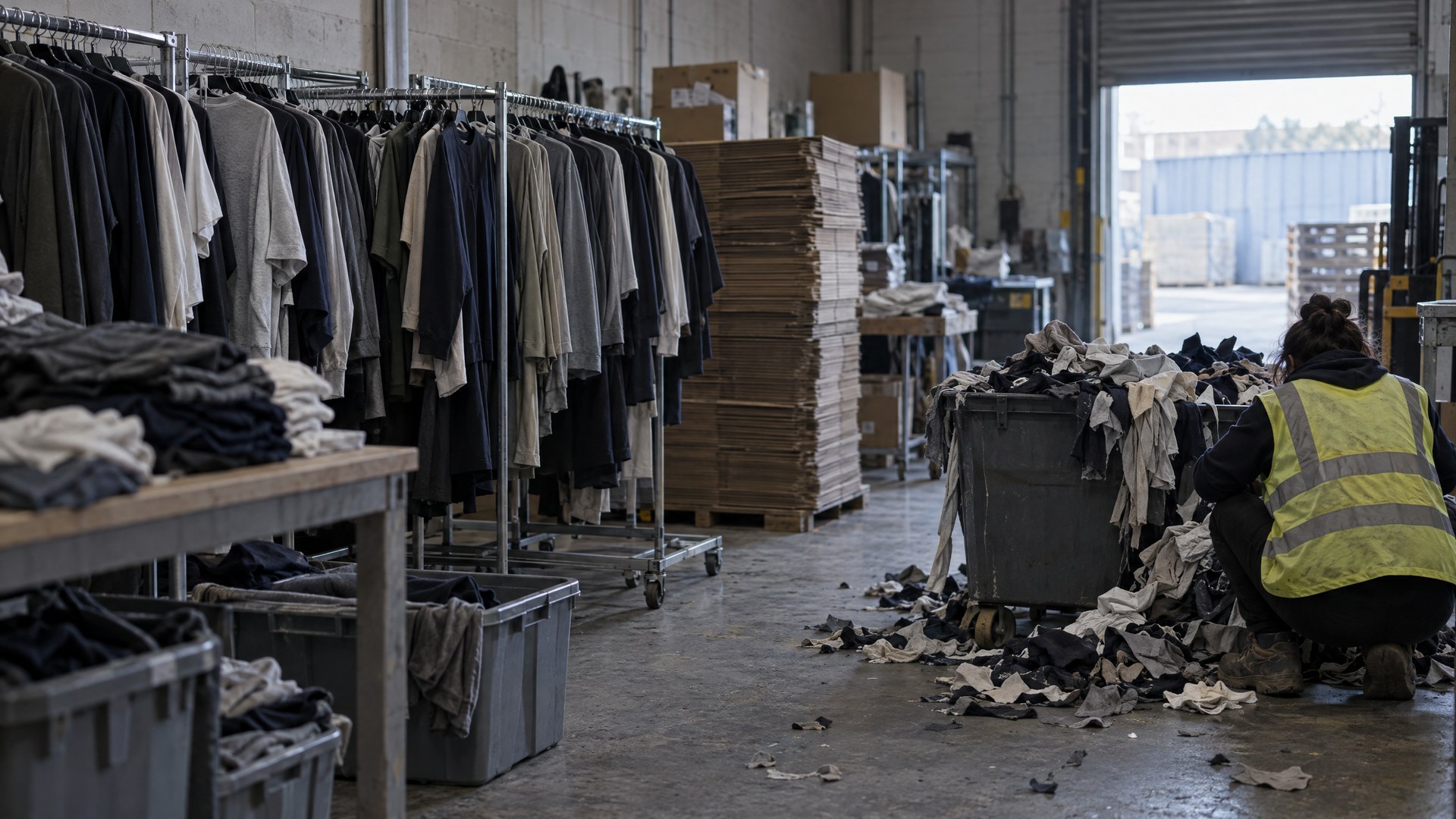 Illustrative back-of-house area with garment rails, cartons and a worker sorting fabric scraps.