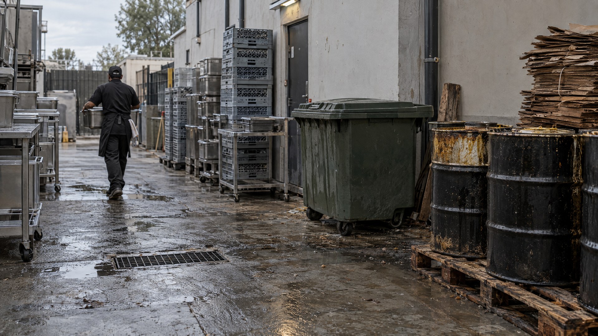 Illustrative service yard behind a commercial kitchen with crates, organics cart and cooking oil drums.