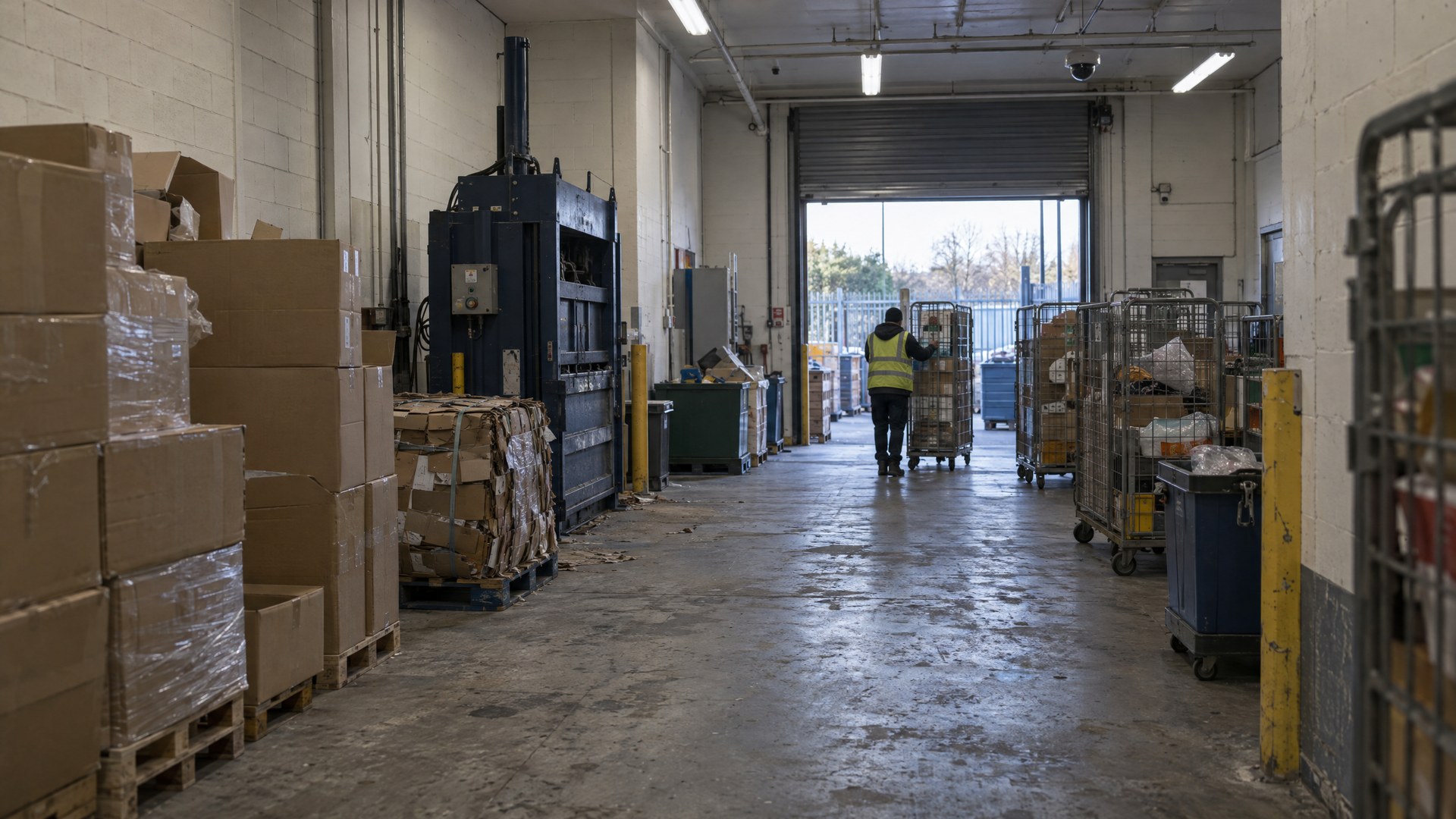 Illustrative retail backroom with stacked cartons, a small baler and rolling cages.