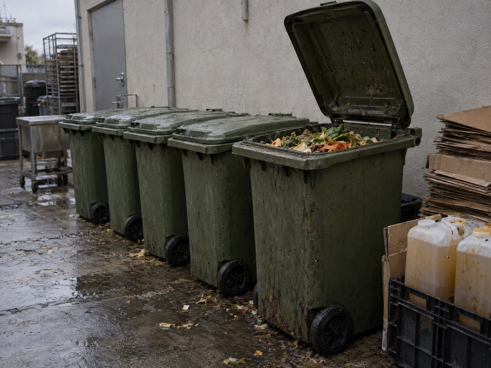 Illustrative row of organic waste carts and used cooking oil drums at a commercial service area.