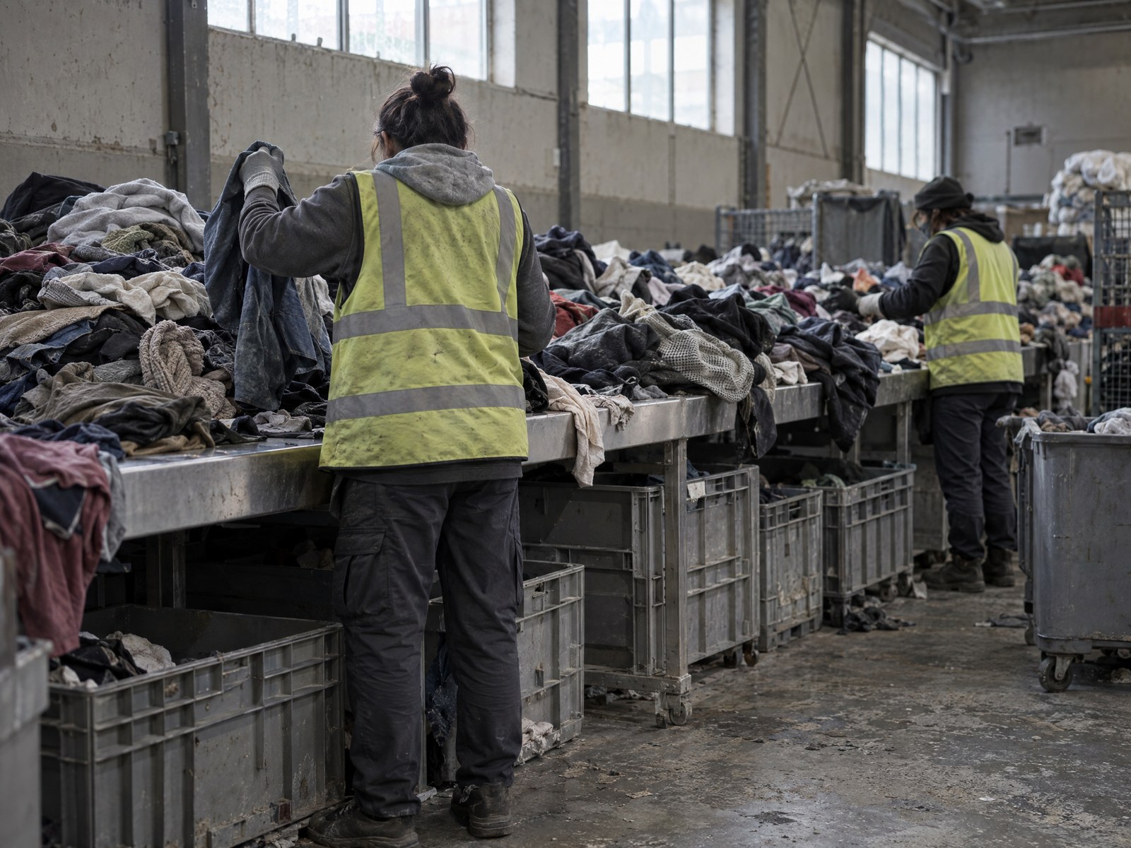 Illustrative workers sorting mixed used clothing on a long steel sorting table.