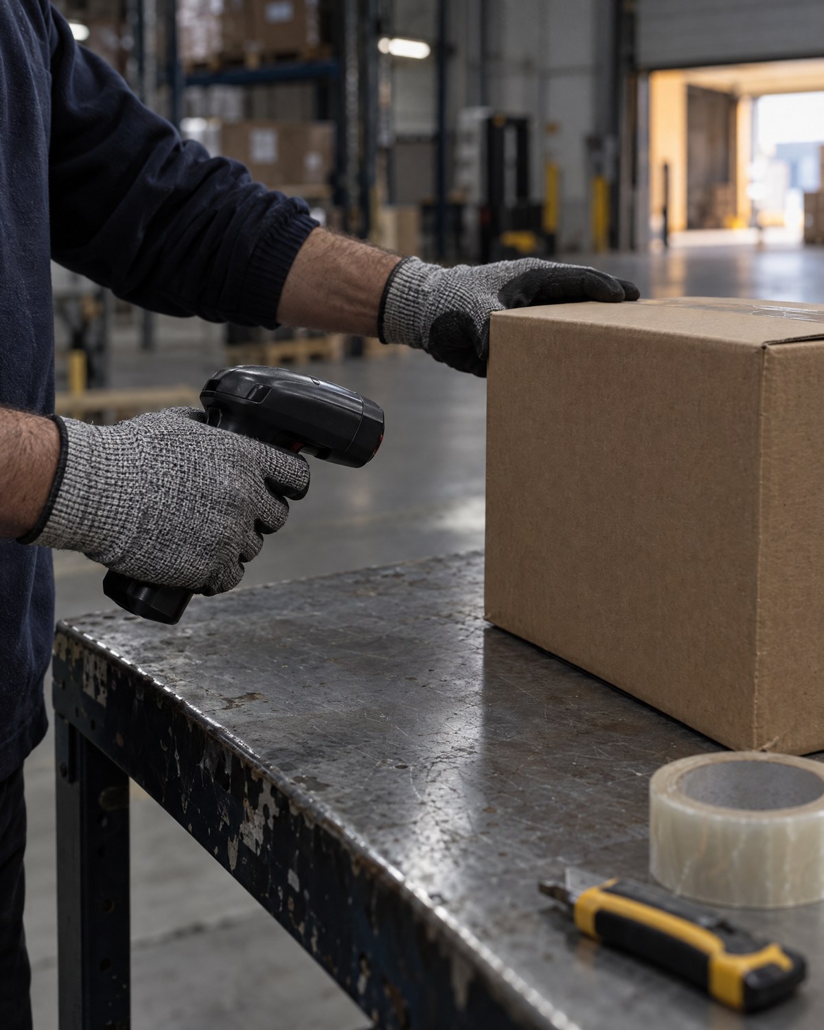 Illustrative close-up of gloved hands scanning a plain carton with a handheld barcode scanner on a workbench.